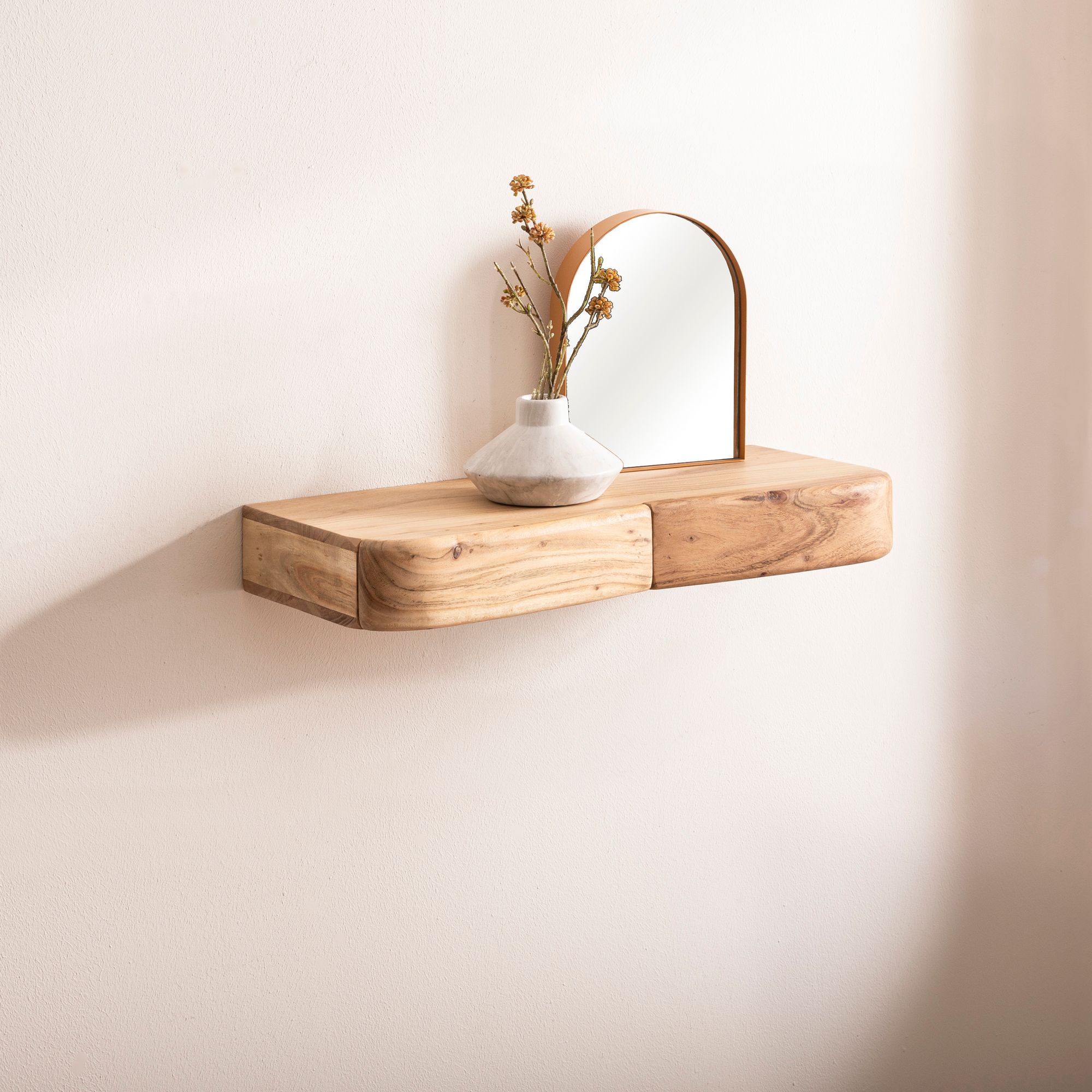 FineBuy Wandregal Akazie Massivholz mit Schublade - Design Regal für die Wand - Holz Wandboard mit Stauraum - Schwebendes Hängeregal aus Echtholz