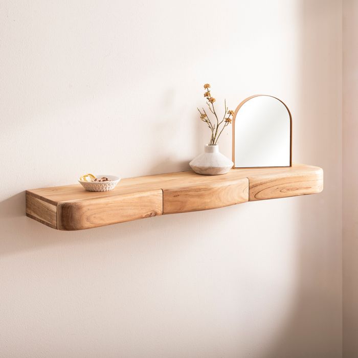 Wandregal Akazie Hängeregal mit Schublade Holz Wandboard Regal für die Wand