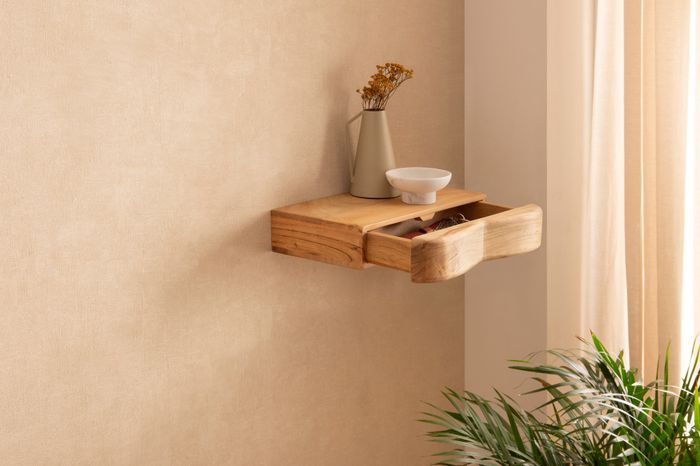 FineBuy Wandregal Akazie Massivholz mit Schublade - Design Regal für die Wand - Holz Wandboard mit Stauraum - Schwebendes Hängeregal aus Echtholz