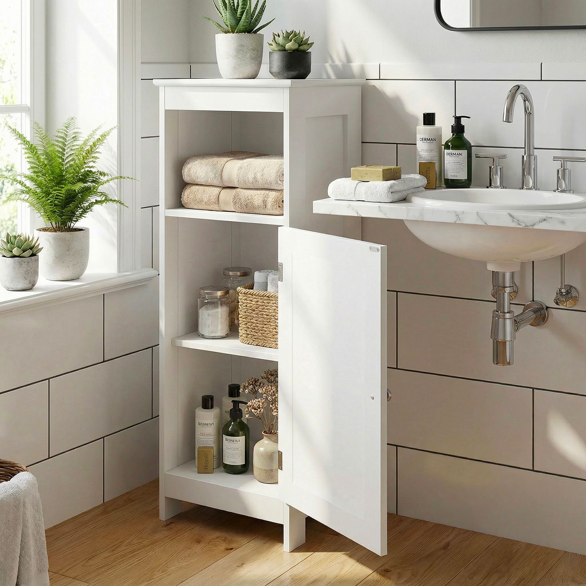 Badschrank Weiß Badezimmerschrank Tür & Ablage Badezimmerregal Regal für Bad – Ansicht 2