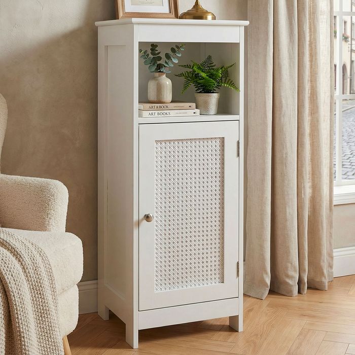 FineBuy Standregal Weiß 80cm – Nischenregal Tür & Ablage Wiener Geflecht – schmales Wohnregal Flur & Wohnzimmer – Stauraumregal - Kleiner Schrank - Kommode