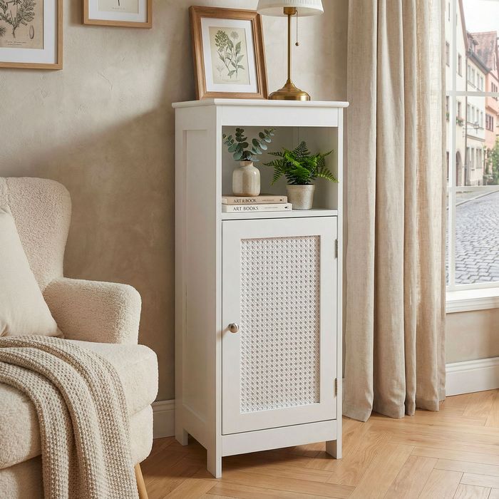 FineBuy Standregal Weiß 80cm – Nischenregal Tür & Ablage Wiener Geflecht – schmales Wohnregal Flur & Wohnzimmer – Stauraumregal - Kleiner Schrank - Kommode
