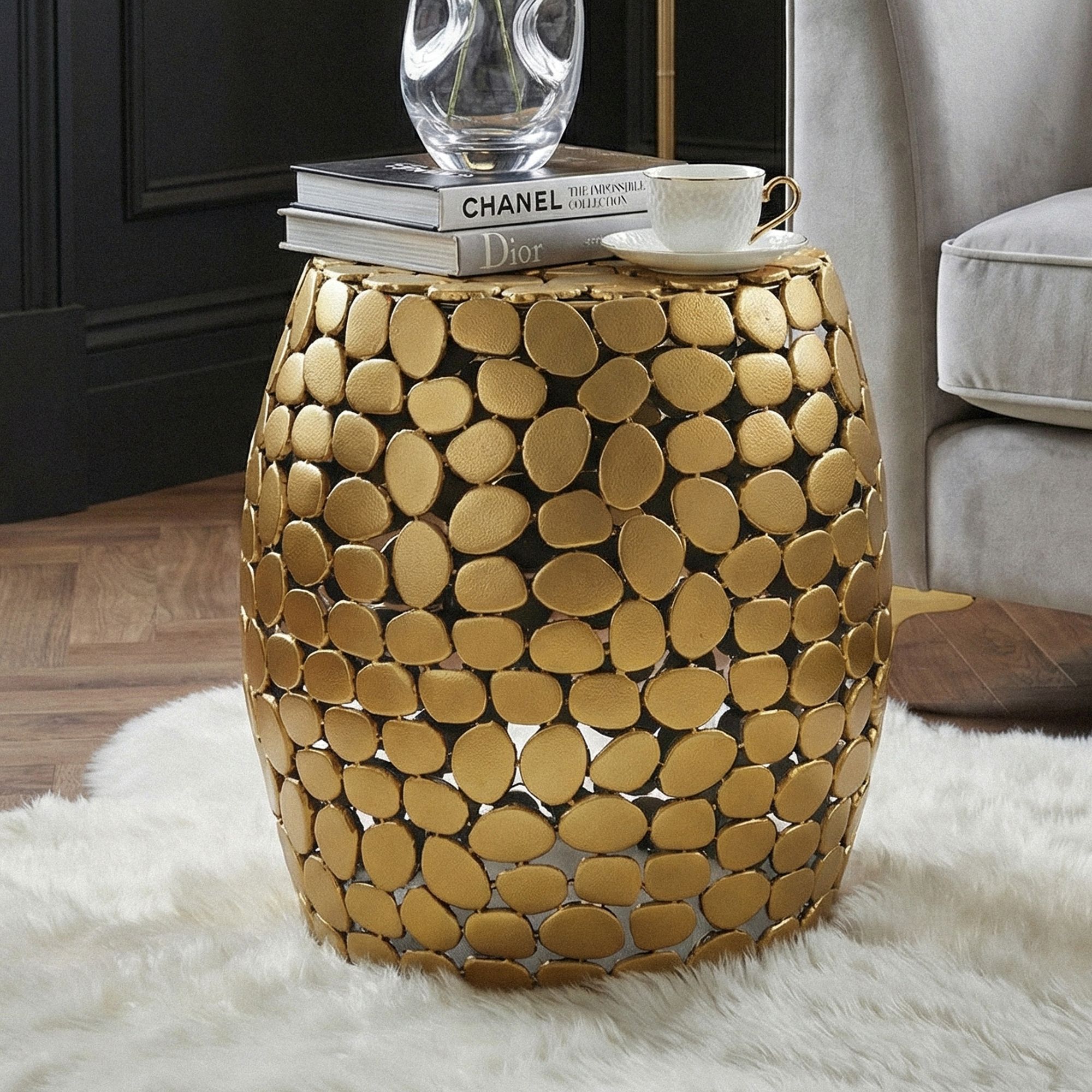 FineBuy Design Beistelltisch rund 40cm aus Aluminium – Couchtisch Alu – kleiner Wohnzimmertisch Metall – Dekotisch Wohnzimmer Handmade | Farbe: Gold