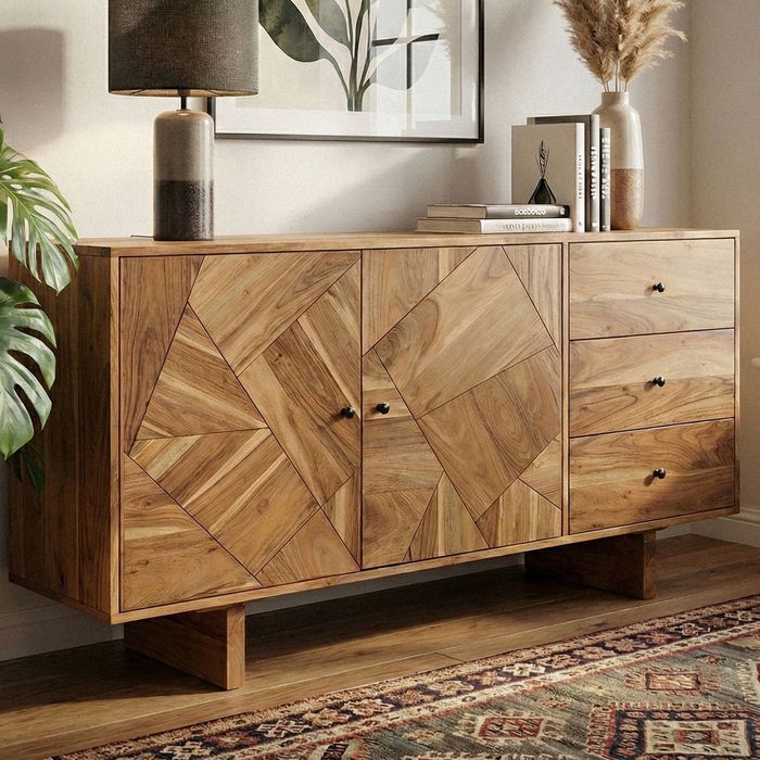 FineBuy Design Sideboard Akazie Massivholz 150 cm mit 2 Türen & 3 Schubladen - Massive Holz Kommode mit geometrischer Front handgefertigt - Echtholz Anrichte