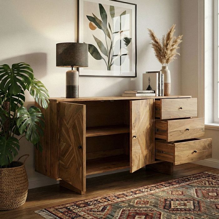 FineBuy Design Sideboard Akazie Massivholz 150 cm mit 2 Türen & 3 Schubladen - Massive Holz Kommode mit geometrischer Front handgefertigt - Echtholz Anrichte