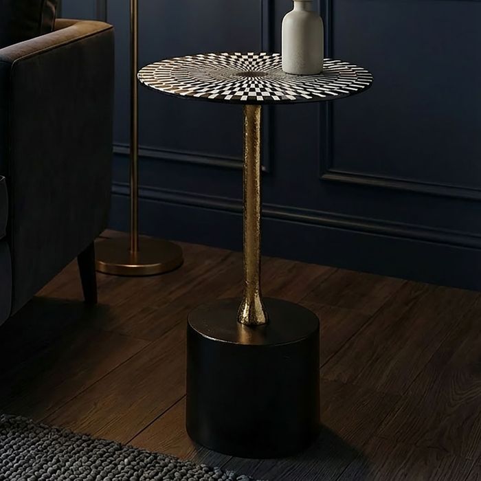 FineBuy Beistelltisch Aluminium 49cm Op-Art-Muster - Kleiner runder Anstelltisch aus Metall - Design Wohnzimmertisch - Dekotisch - Couchtisch - Metalltisch Handmade pflegeleicht
