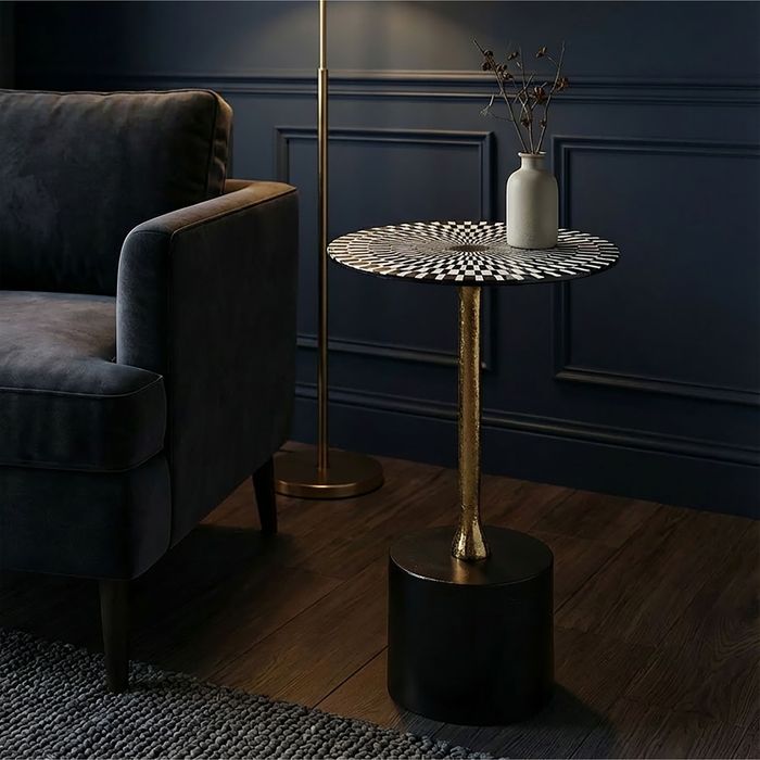 FineBuy Beistelltisch Aluminium 49cm Op-Art-Muster - Kleiner runder Anstelltisch aus Metall - Design Wohnzimmertisch - Dekotisch - Couchtisch - Metalltisch Handmade pflegeleicht