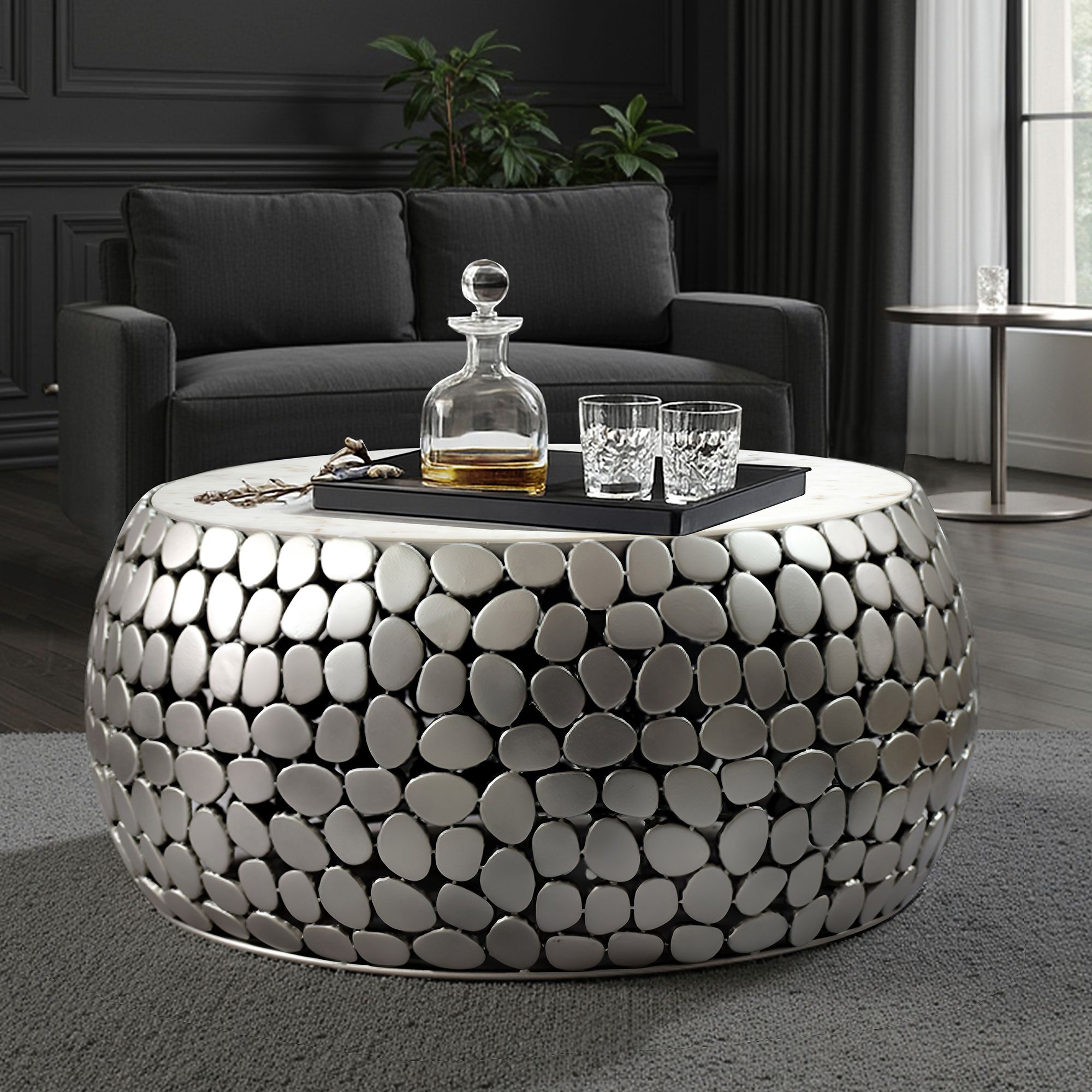 Design Couchtisch rund 66cm Aluminium Metall & Marmor Alu Wohnzimmertisch Tisch – Ansicht 1