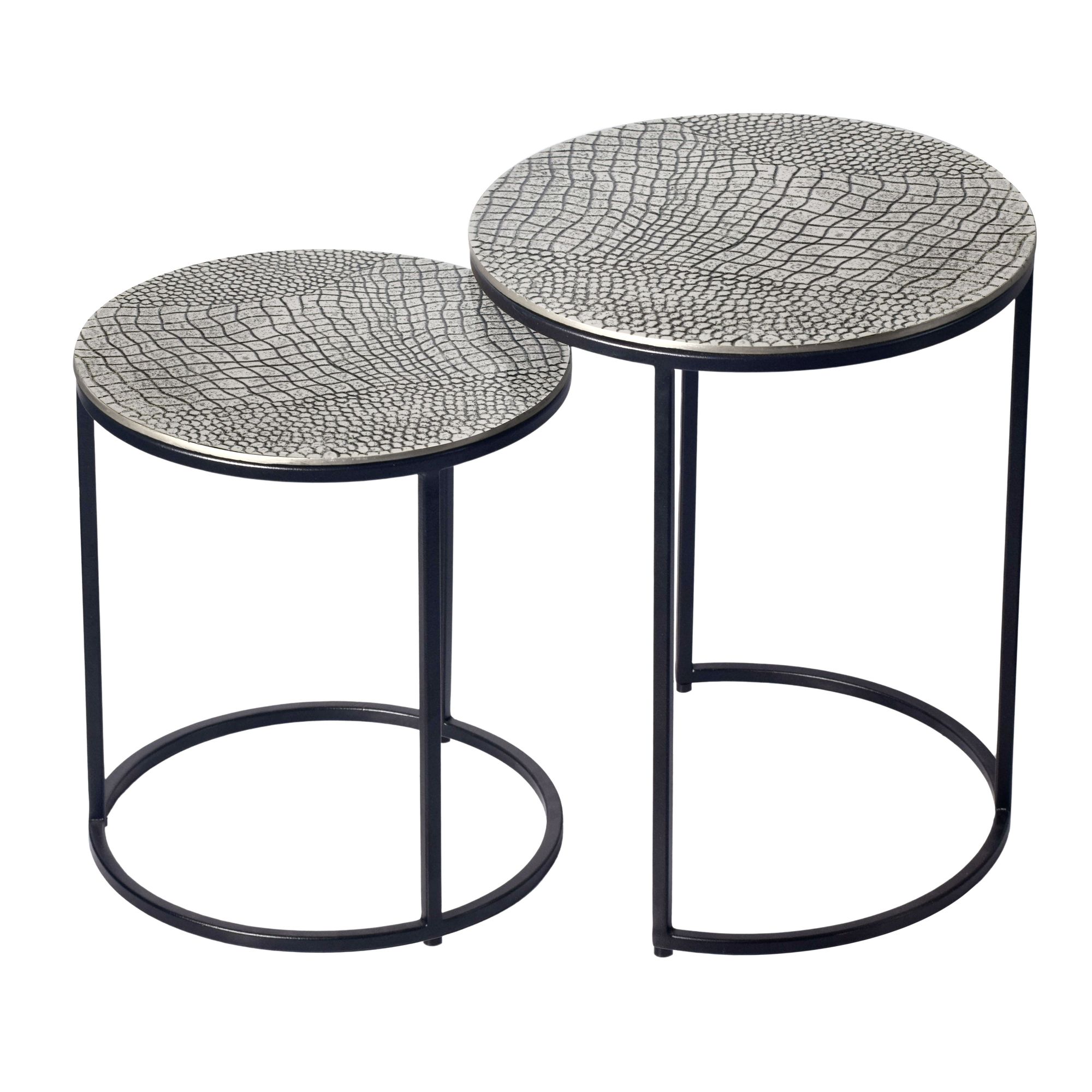 FineBuy Satztisch Metall 2er Set rund - Beistelltisch Aluminium Tischplatten mit Muster - Design Couchtisch Anstelltisch modern Eisen Gestell - Dekotisch Wohnzimmertisch Handmade