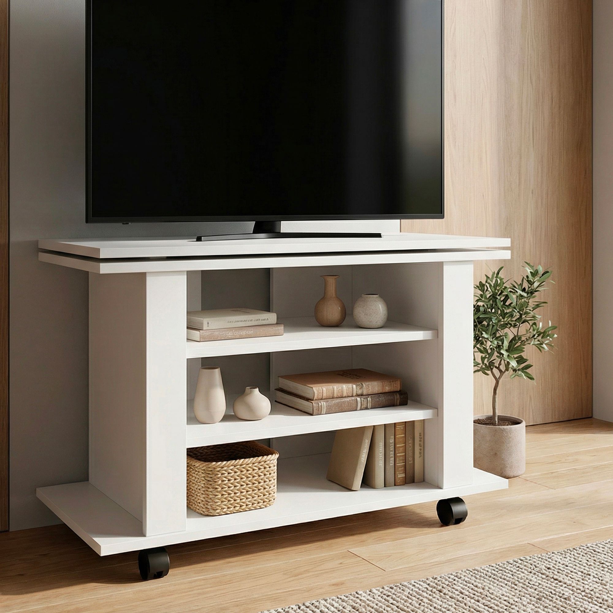 TV Lowboard mit Rollen Weiß 78cm HiFi Bank Rollen Fernsehtisch TV Möbel drehbar – Ansicht 1