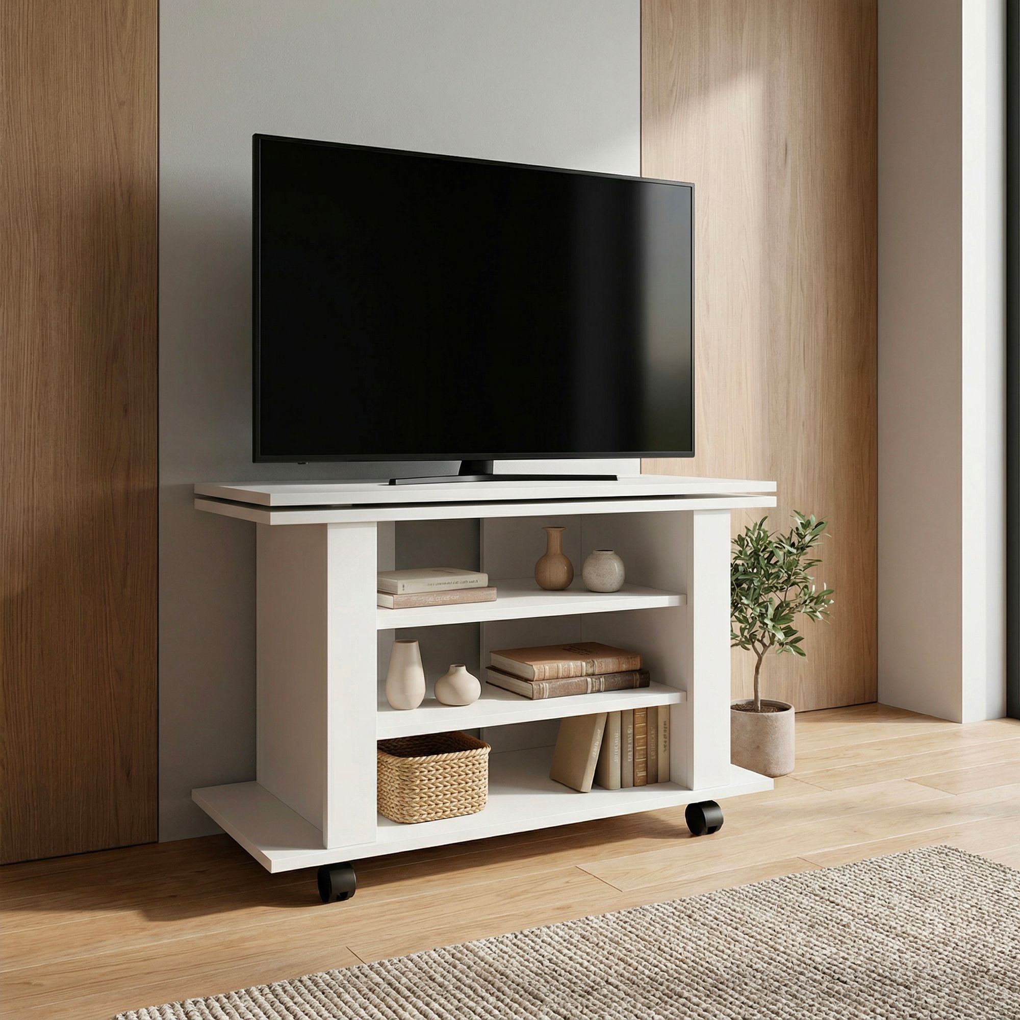 TV Lowboard mit Rollen Weiß 78cm HiFi Bank Rollen Fernsehtisch TV Möbel drehbar – Ansicht 2