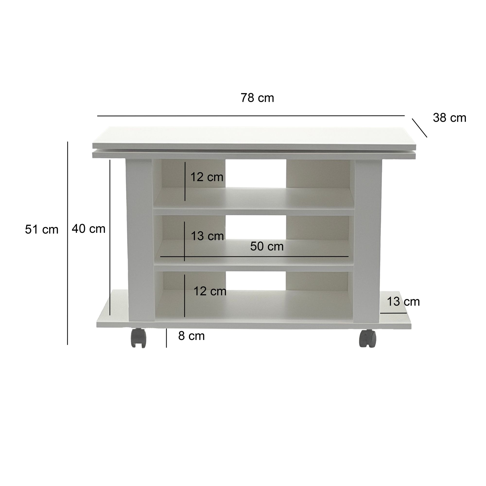 TV Lowboard mit Rollen Weiß 78cm HiFi Bank Rollen Fernsehtisch TV Möbel drehbar – Ansicht 3