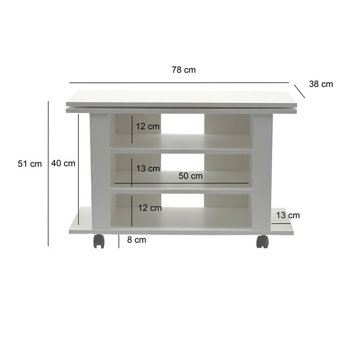 TV Lowboard mit Rollen Weiß 78cm HiFi Bank Rollen Fernsehtisch TV Möbel drehbar – Maßzeichnung