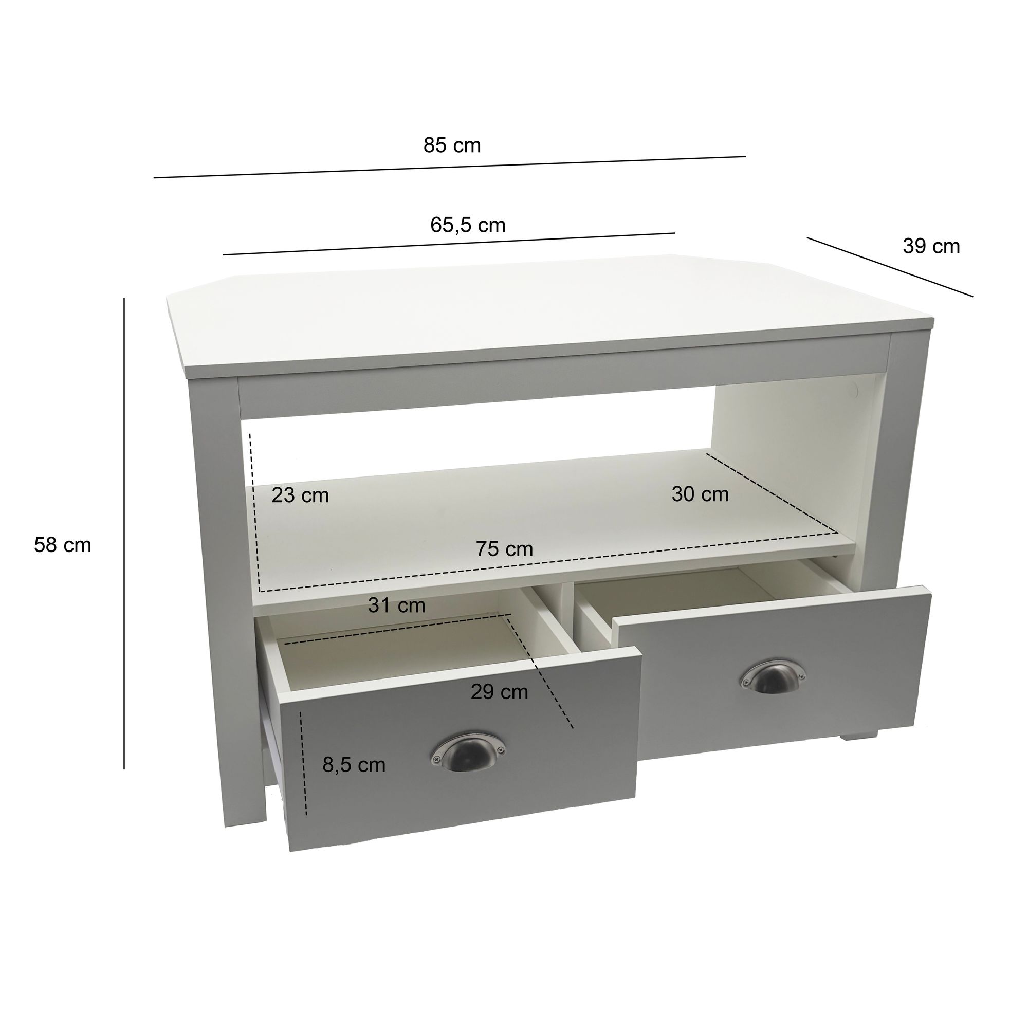 Lowboard Weiß 85cm TV Board Schubladen Fernsehunterschrank Fernsehschrank Modern – Ansicht 3