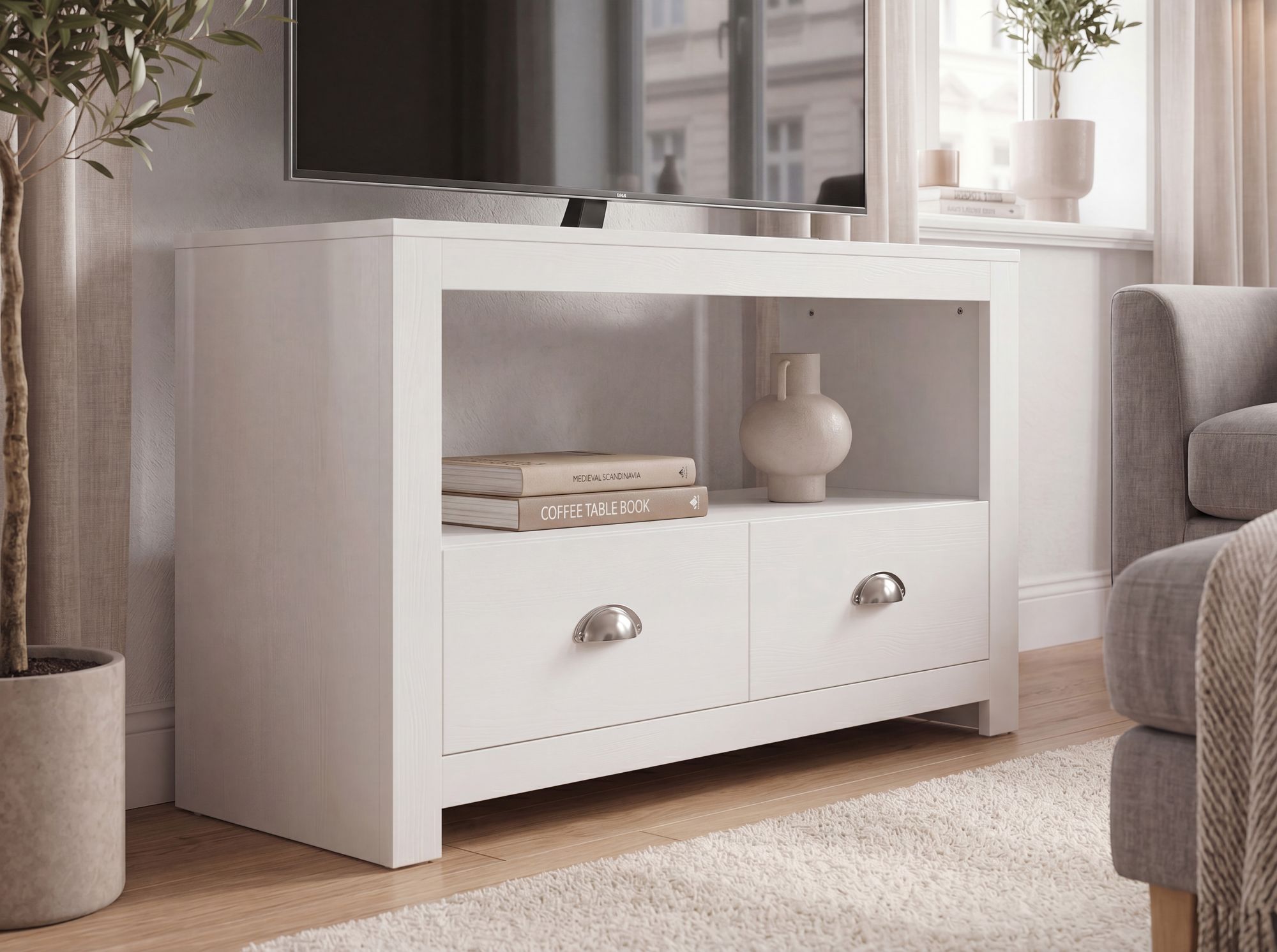 Lowboard Weiß 85cm TV Board Schubladen Fernsehunterschrank Fernsehschrank Modern – Ansicht 5