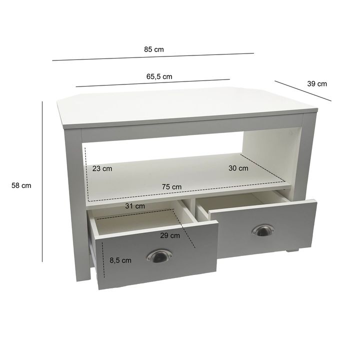 Lowboard Weiß 85cm TV Board Schubladen Fernsehunterschrank Fernsehschrank Modern – Maßzeichnung