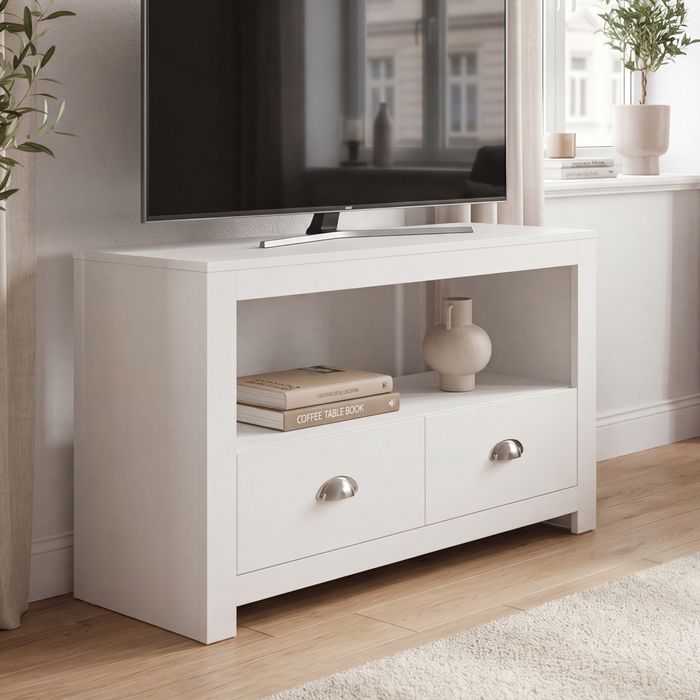 FineBuy Lowboard TV Möbel Weiß 85cm - Kompaktes TV Board mit zwei Schubladen - Fernsehunterschrank mit offenem Fach - Platzsparende Fernsehkommode - Fernsehschrank TV Tisch für Raumecken