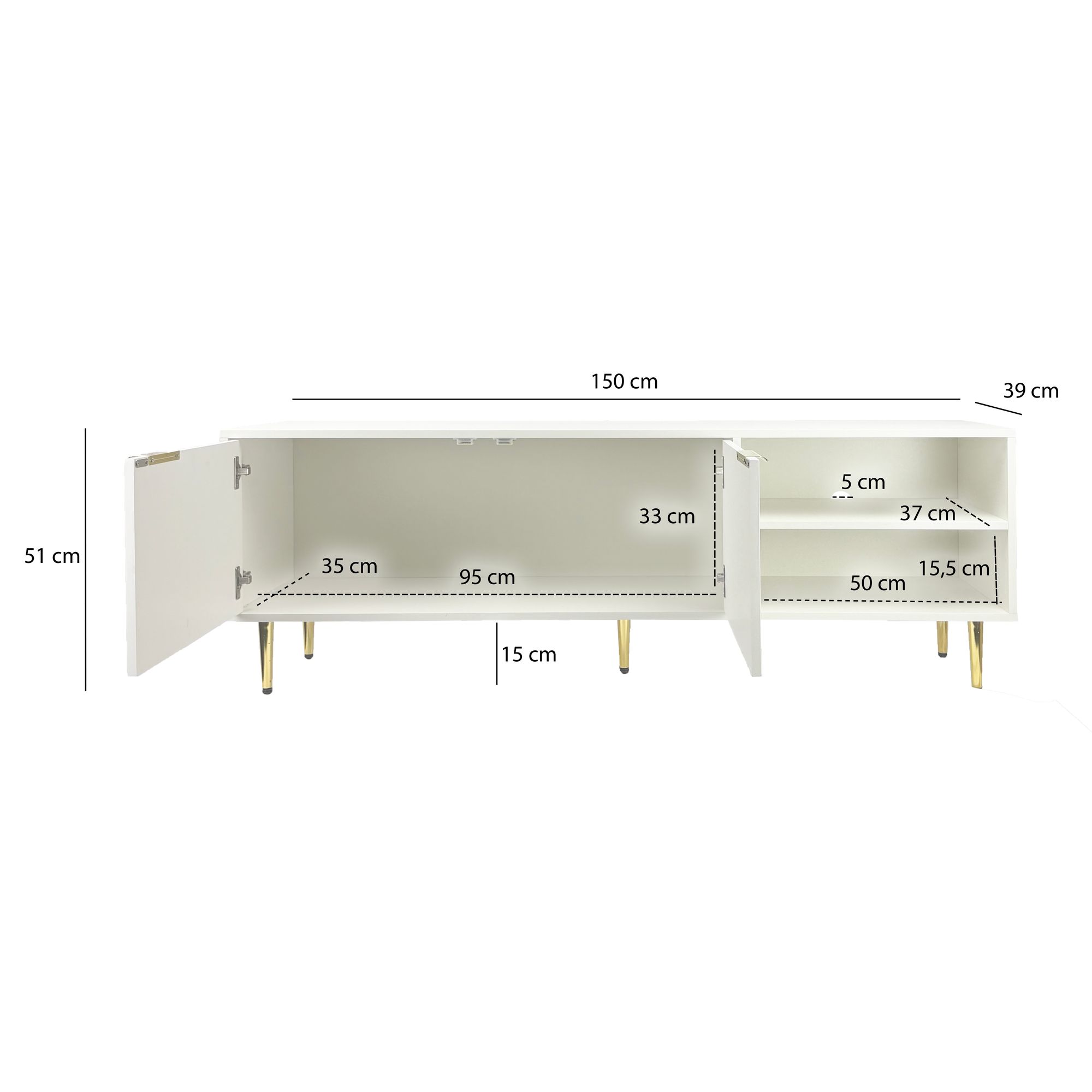 Lowboard 150cm TV Kommode Schrank Weiß Türen Fernsehkommode Fernsehunterschrank – Ansicht 3