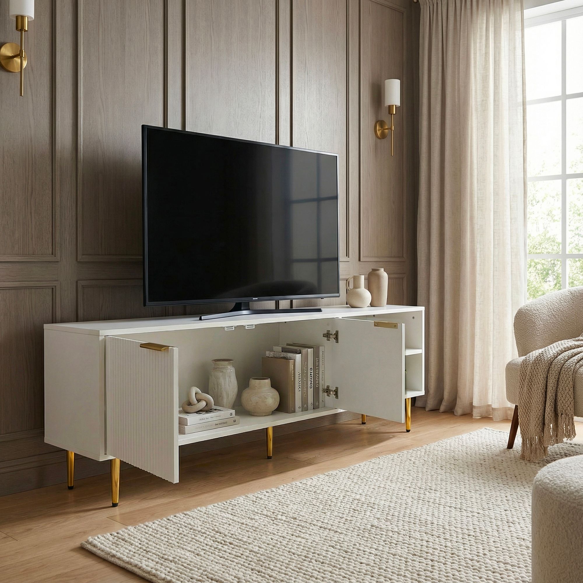 Lowboard 150cm TV Kommode Schrank Weiß Türen Fernsehkommode Fernsehunterschrank – Ansicht 2