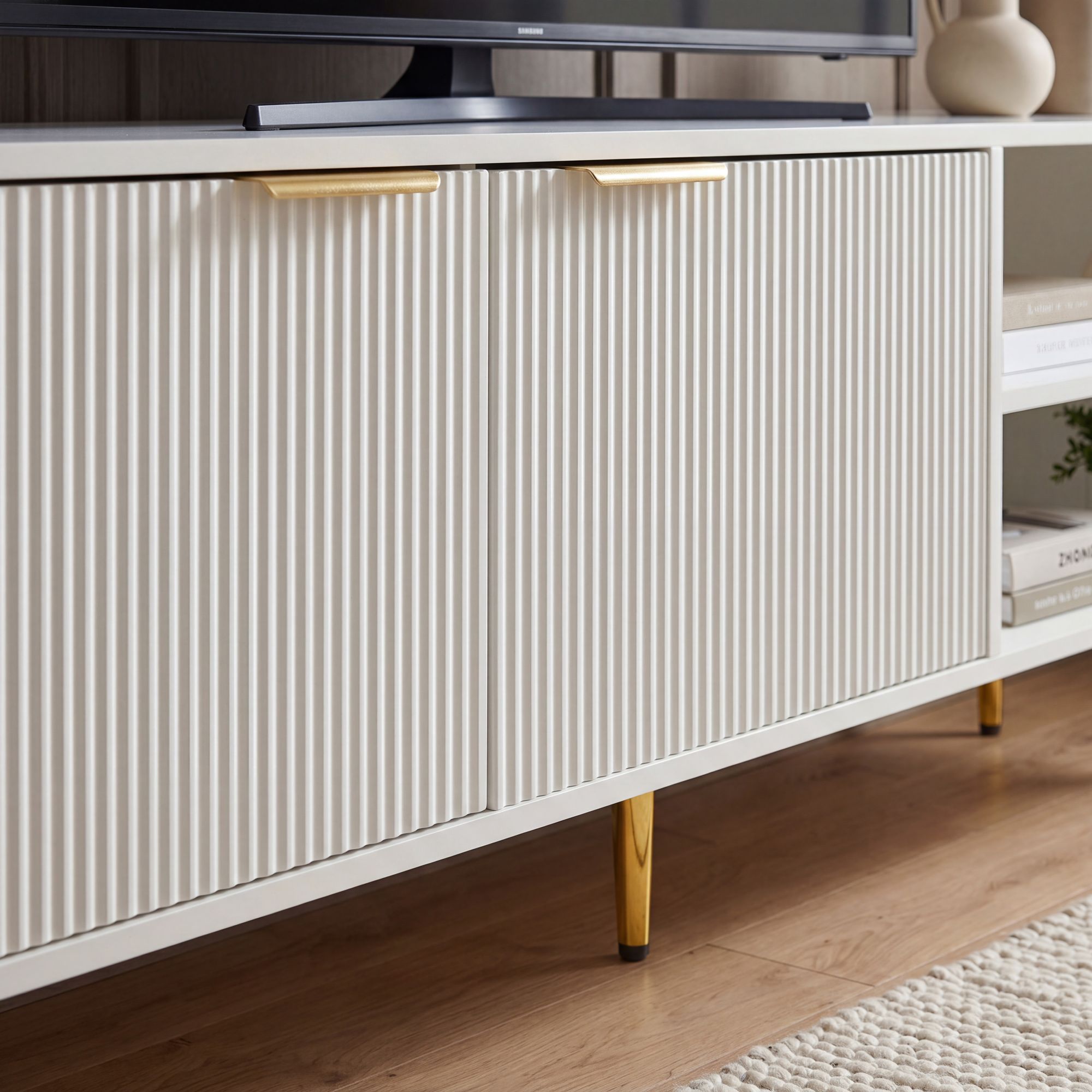 Lowboard 150cm TV Kommode Schrank Weiß Türen Fernsehkommode Fernsehunterschrank – Ansicht 5