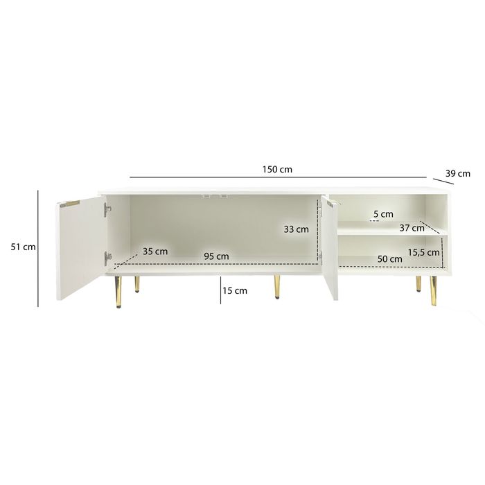 Lowboard 150cm TV Kommode Schrank Weiß Türen Fernsehkommode Fernsehunterschrank – Maßzeichnung