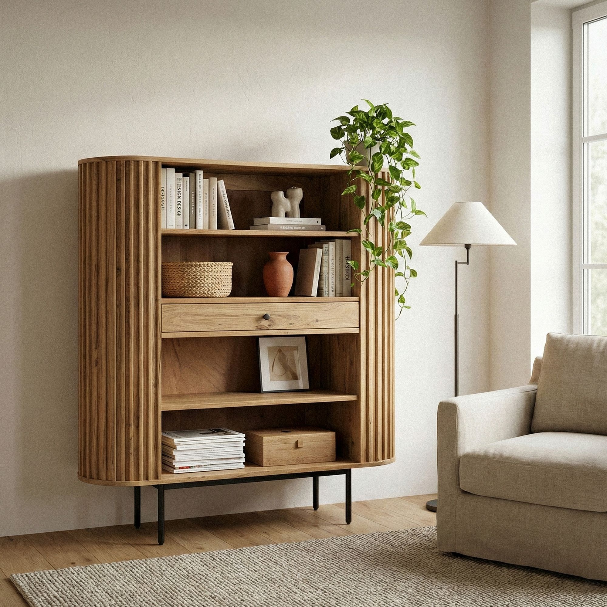 Bücherregal Standregal Massivholz mit Schublade Wohnregal modern Schrank klein – Ansicht 2