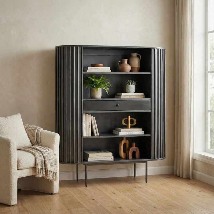 FineBuy Bücherregal Massivholz 105x122 cm Lamellen Design - Offenes Standregal mit Schublade - Stauraumregal Metallbeine - Wohnregal Wohnzimmer - Kleiner Schrank Regal Handmade