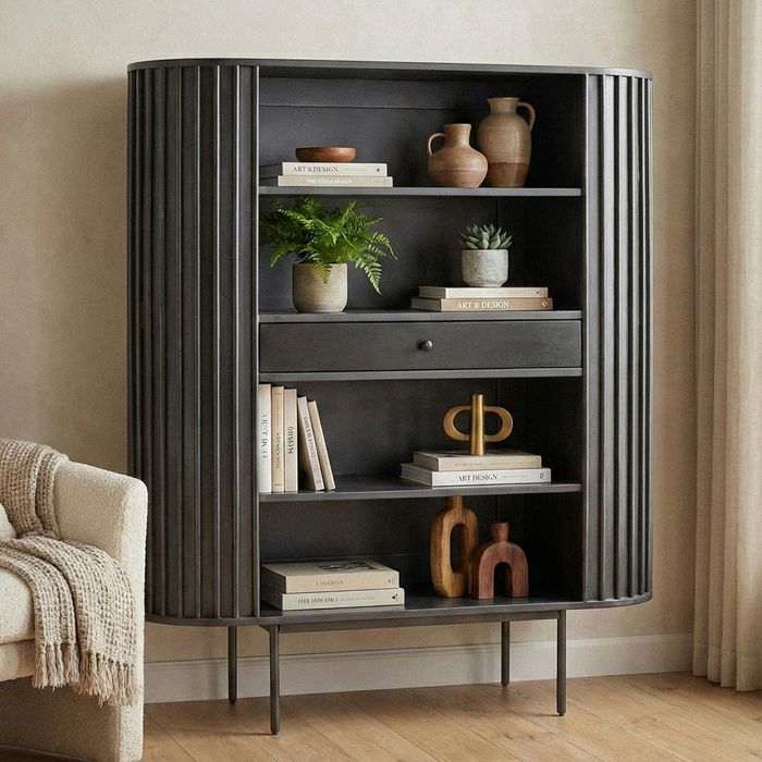 FineBuy Bücherregal Massivholz 105x122 cm Lamellen Design - Offenes Standregal mit Schublade - Stauraumregal Metallbeine - Wohnregal Wohnzimmer - Kleiner Schrank Regal Handmade