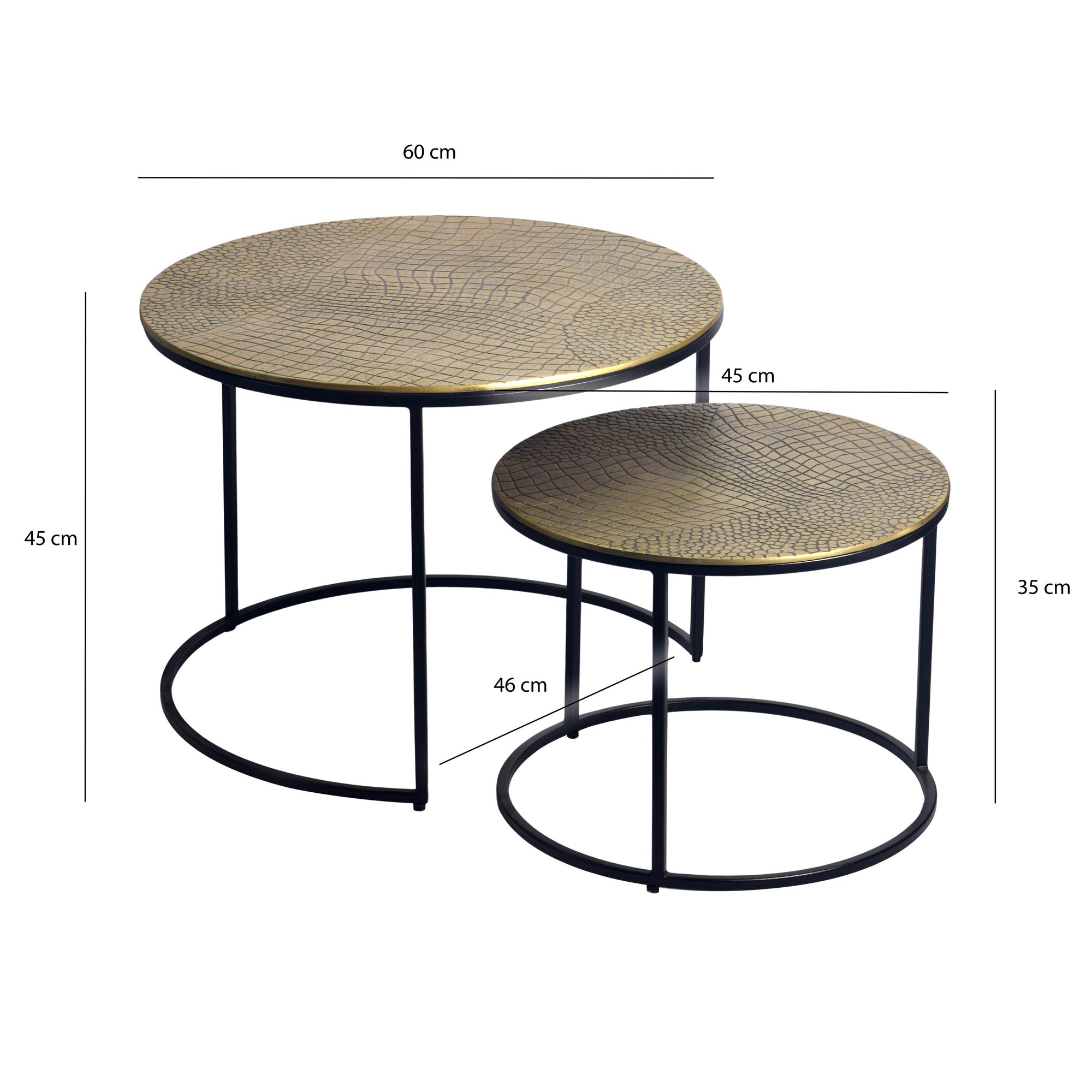 FineBuy Satztisch Metall 2er Set rund - Couchtisch Aluminium Tischplatten mit Muster - Beistelltisch Sofatisch Alu modern - Wohnzimmertisch Eisen Gestell Handmade | Farbe: Gold