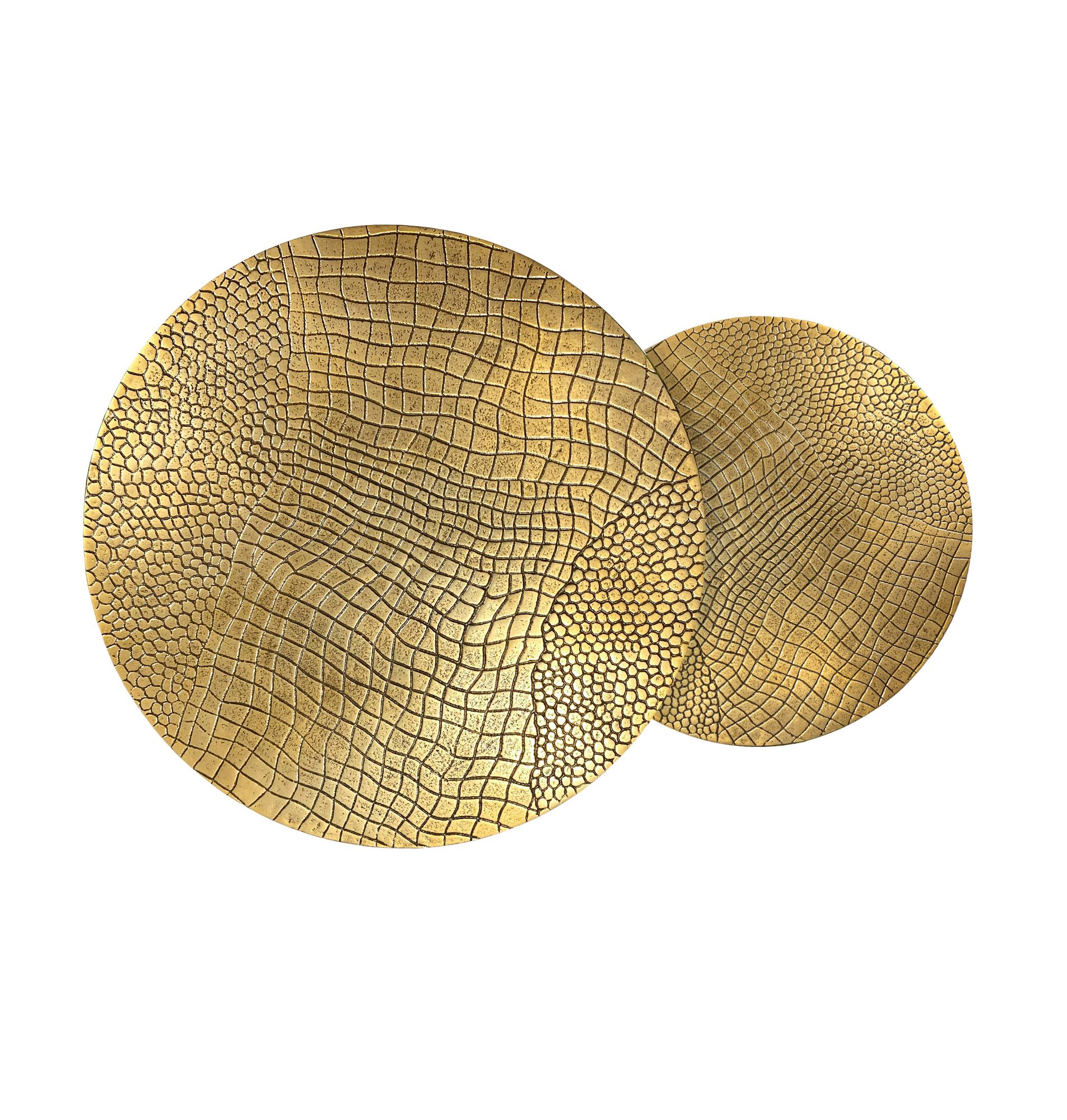 FineBuy Satztisch Metall 2er Set rund - Couchtisch Aluminium Tischplatten mit Muster - Beistelltisch Sofatisch Alu modern - Wohnzimmertisch Eisen Gestell Handmade | Farbe: Gold