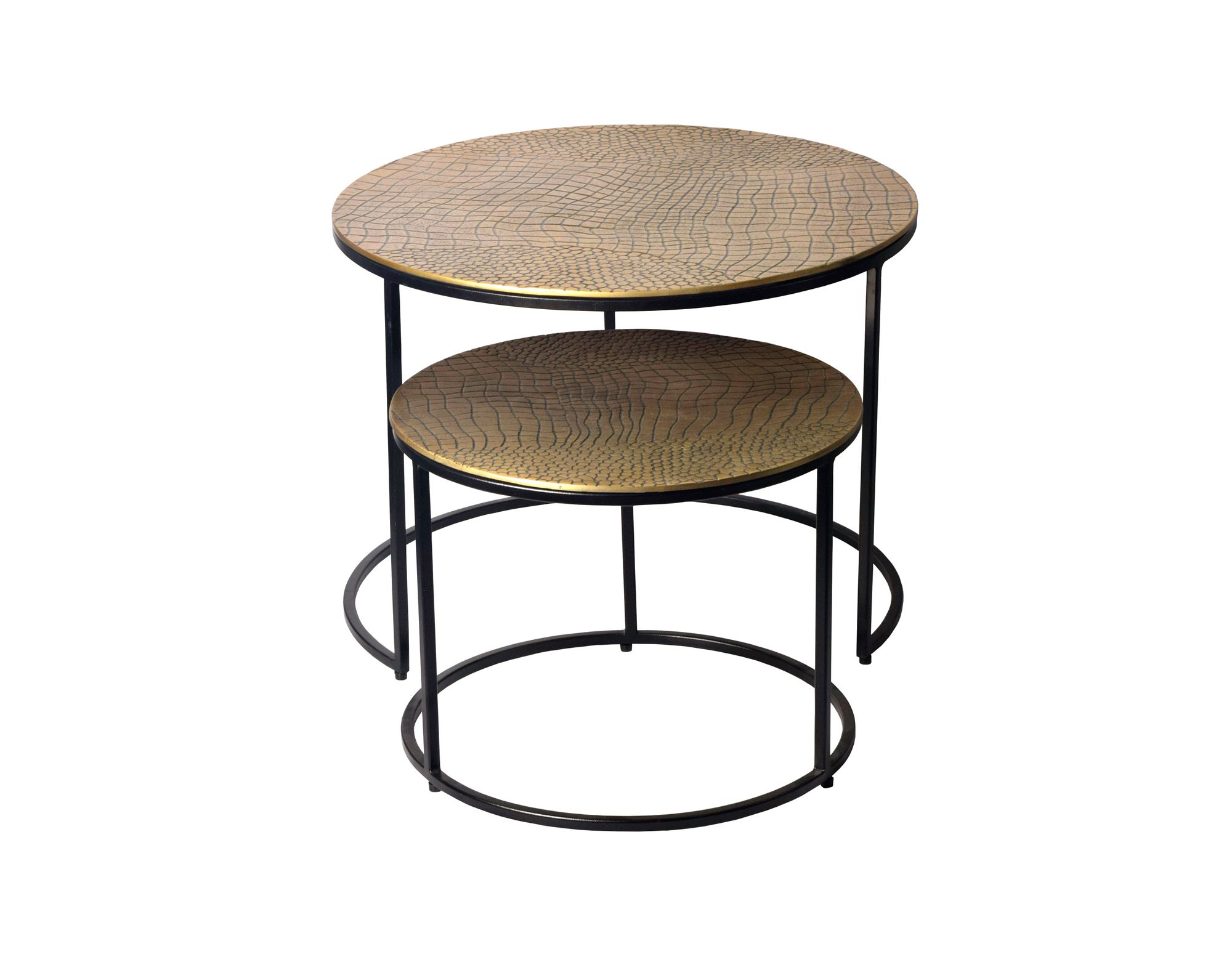 FineBuy Satztisch Metall 2er Set rund - Couchtisch Aluminium Tischplatten mit Muster - Beistelltisch Sofatisch Alu modern - Wohnzimmertisch Eisen Gestell Handmade | Farbe: Gold