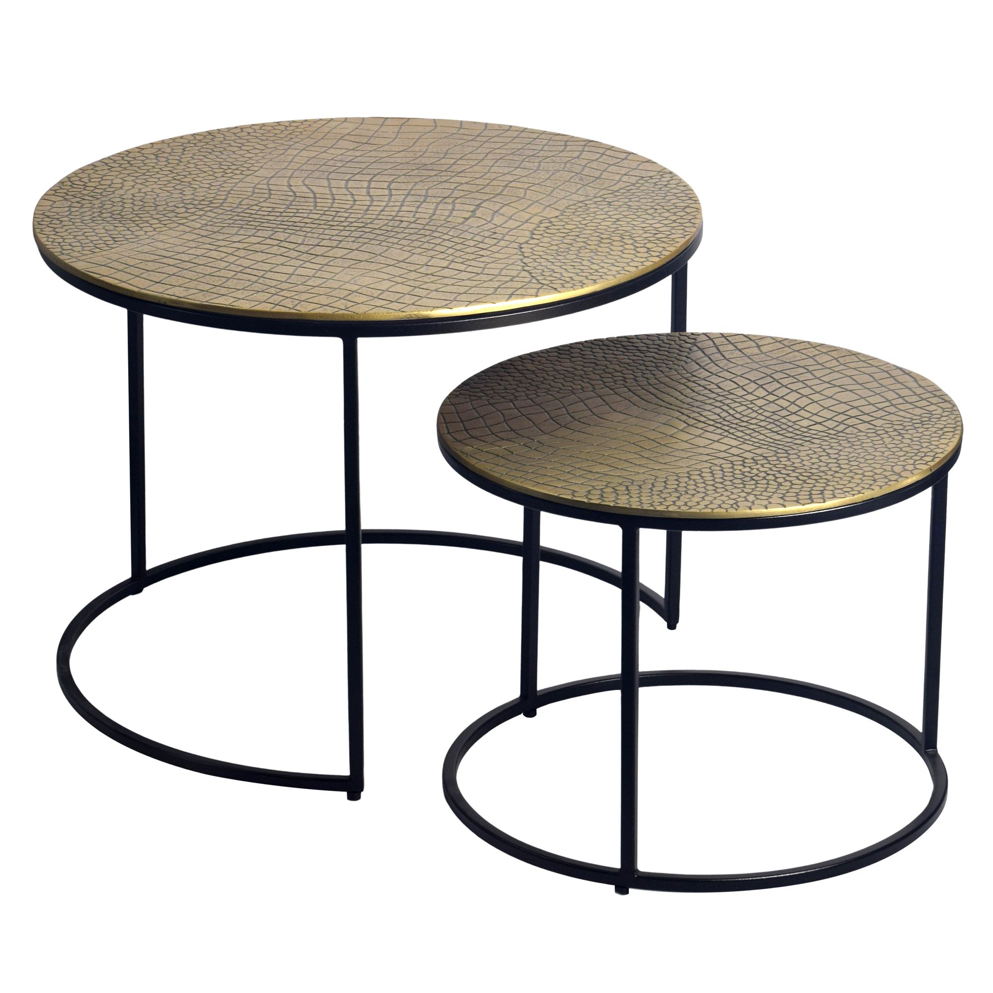 FineBuy Satztisch Metall 2er Set rund - Couchtisch Aluminium Tischplatten mit Muster - Beistelltisch Sofatisch Alu modern - Wohnzimmertisch Eisen Gestell Handmade | Farbe: Gold