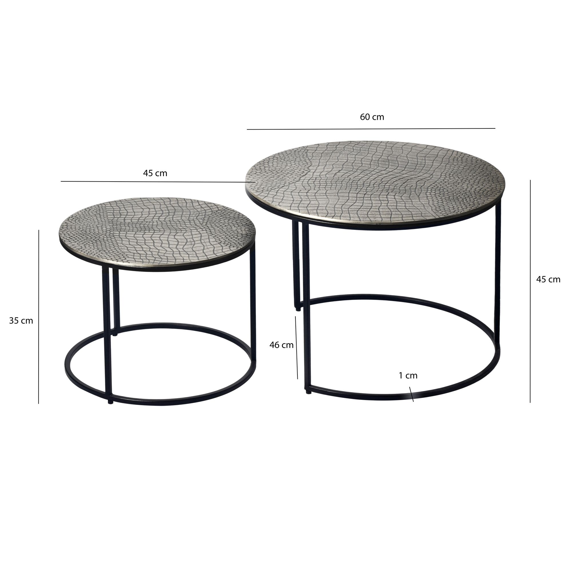 FineBuy Satztisch Metall 2er Set rund - Couchtisch Aluminium Tischplatten mit Muster - Beistelltisch Sofatisch Alu modern - Wohnzimmertisch Eisen Gestell Handmade | Farbe: Gold