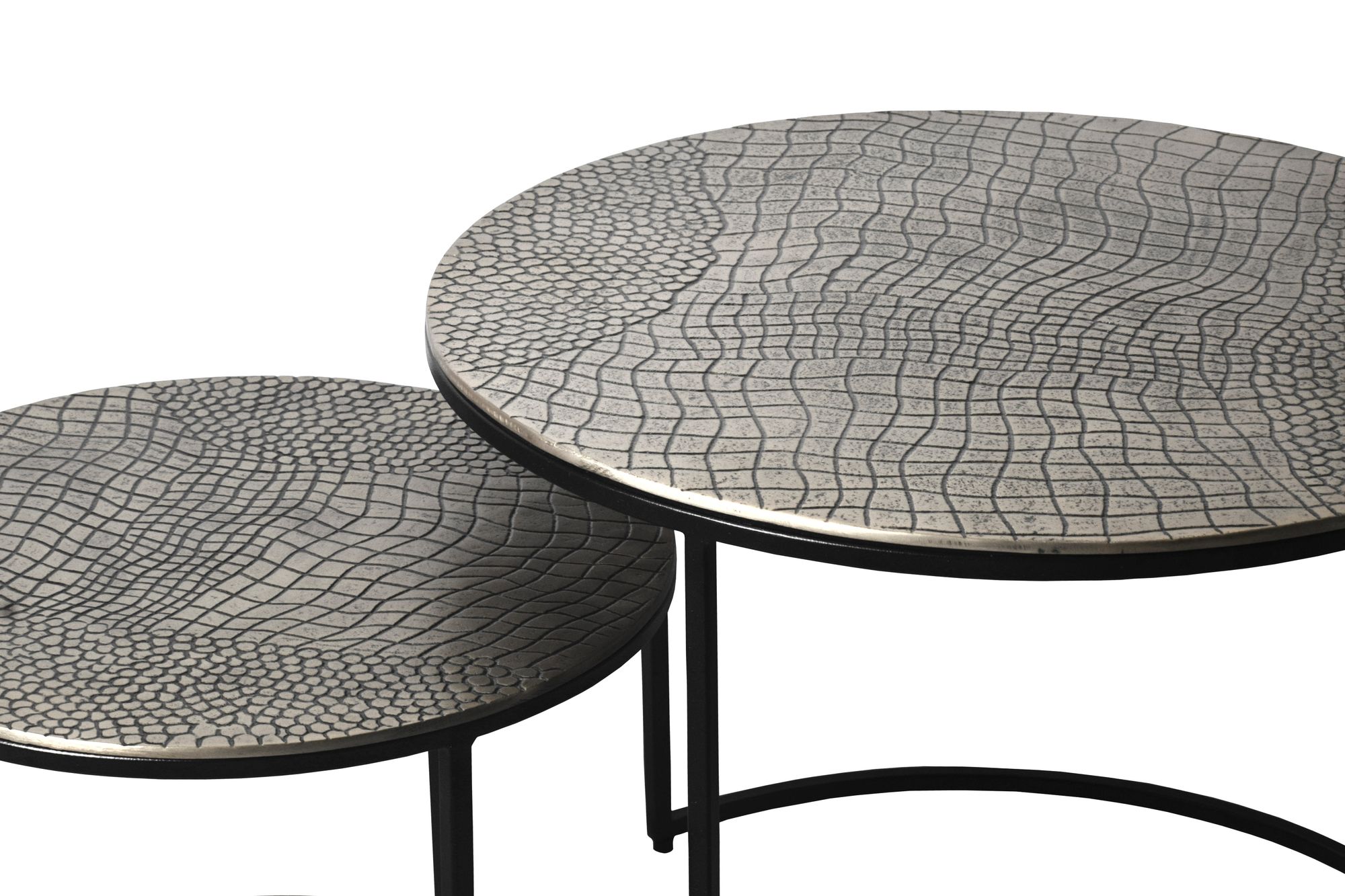 FineBuy Satztisch Metall 2er Set rund - Couchtisch Aluminium Tischplatten mit Muster - Beistelltisch Sofatisch Alu modern - Wohnzimmertisch Eisen Gestell Handmade | Farbe: Gold