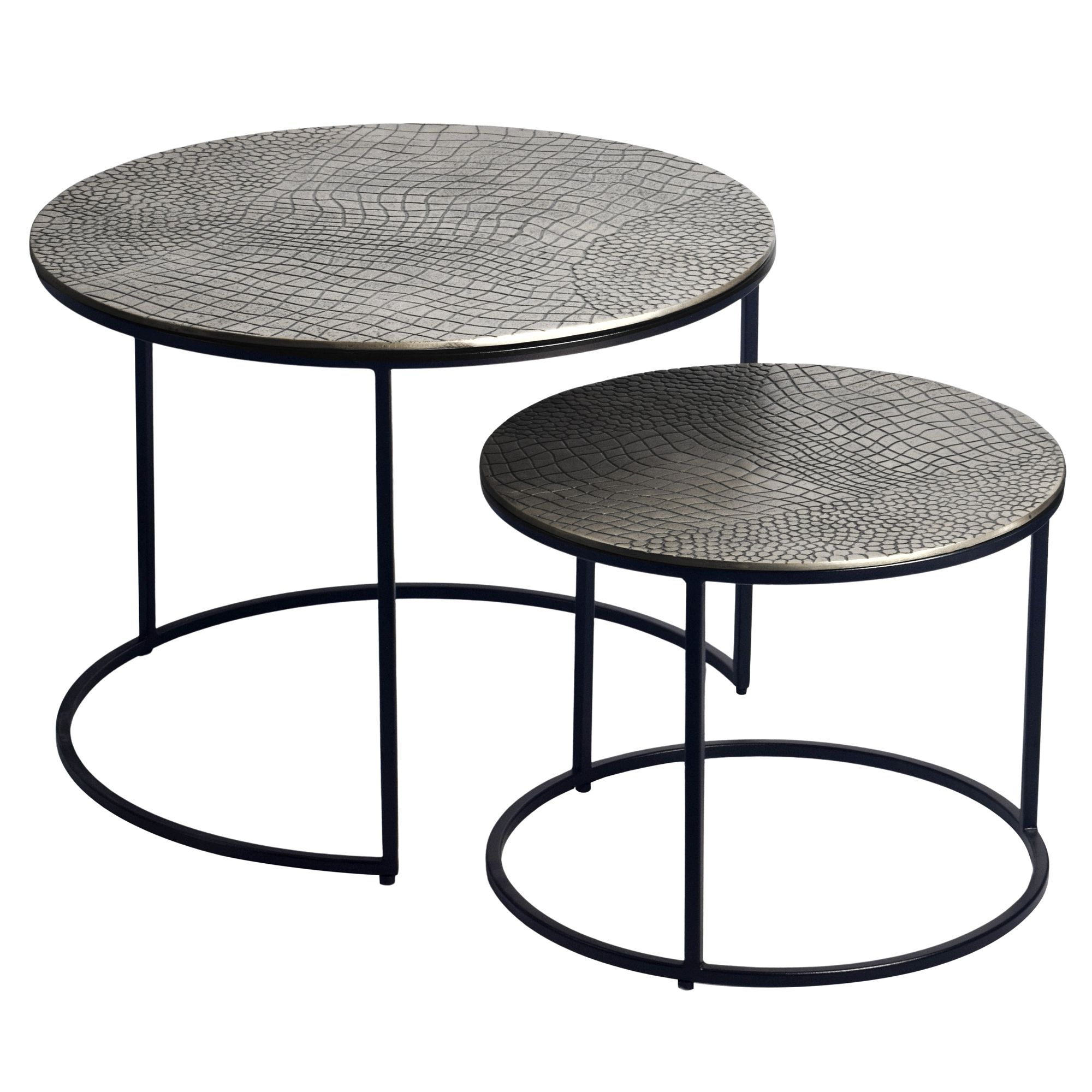 FineBuy Satztisch Metall 2er Set rund - Couchtisch Aluminium Tischplatten mit Muster - Beistelltisch Sofatisch Alu modern - Wohnzimmertisch Eisen Gestell Handmade | Farbe: Gold