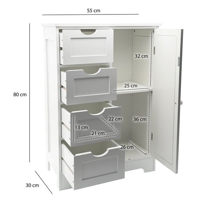 Badschrank Weiß 80cm Badezimmerschrank Schubladen Badregal Badezimmerregal Tür – Maßzeichnung