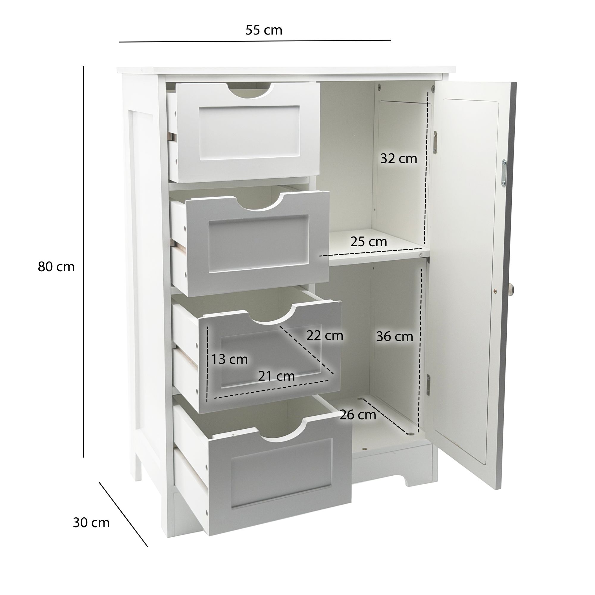 Standschrank 80cm Weiß Aufbewahrungsschrank Kommode Schubladen Tür Schrank – Ansicht 3