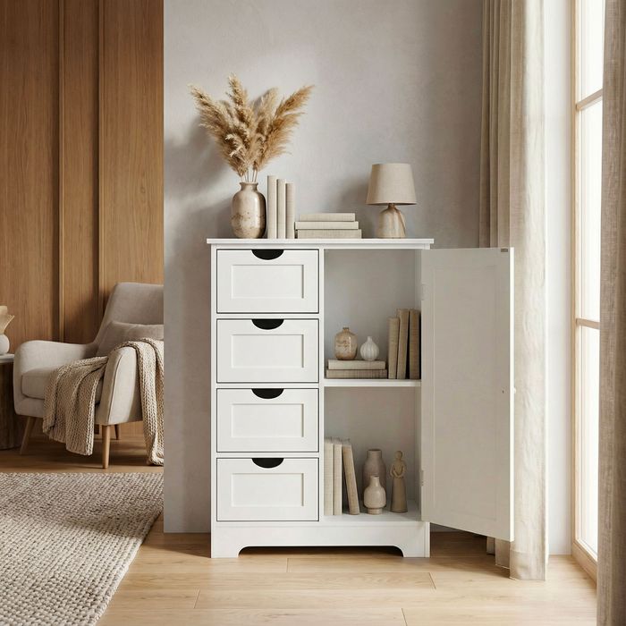FineBuy schmaler Standschrank mit Schubladen und Tür 55x80 cm – Aufbewahrungsschrank aus MDF Weiß – Kommode mit Rattan Geflecht – Schrank für Flur und Wohnzimmer – Schubladenkommode modern