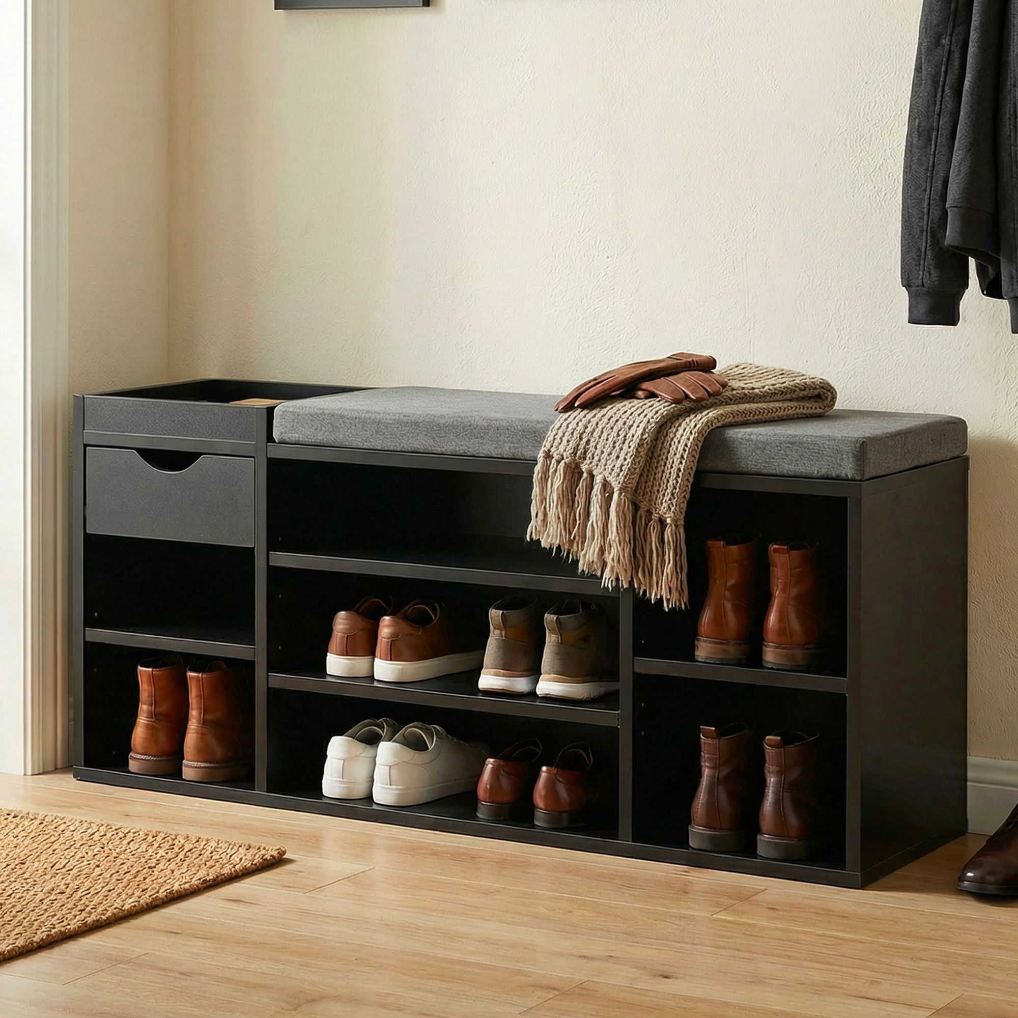 Schuhbank 100cm Sitzbank Flurbank Schuhregal Flurmöbel mit Schublade Modern – Ansicht 1
