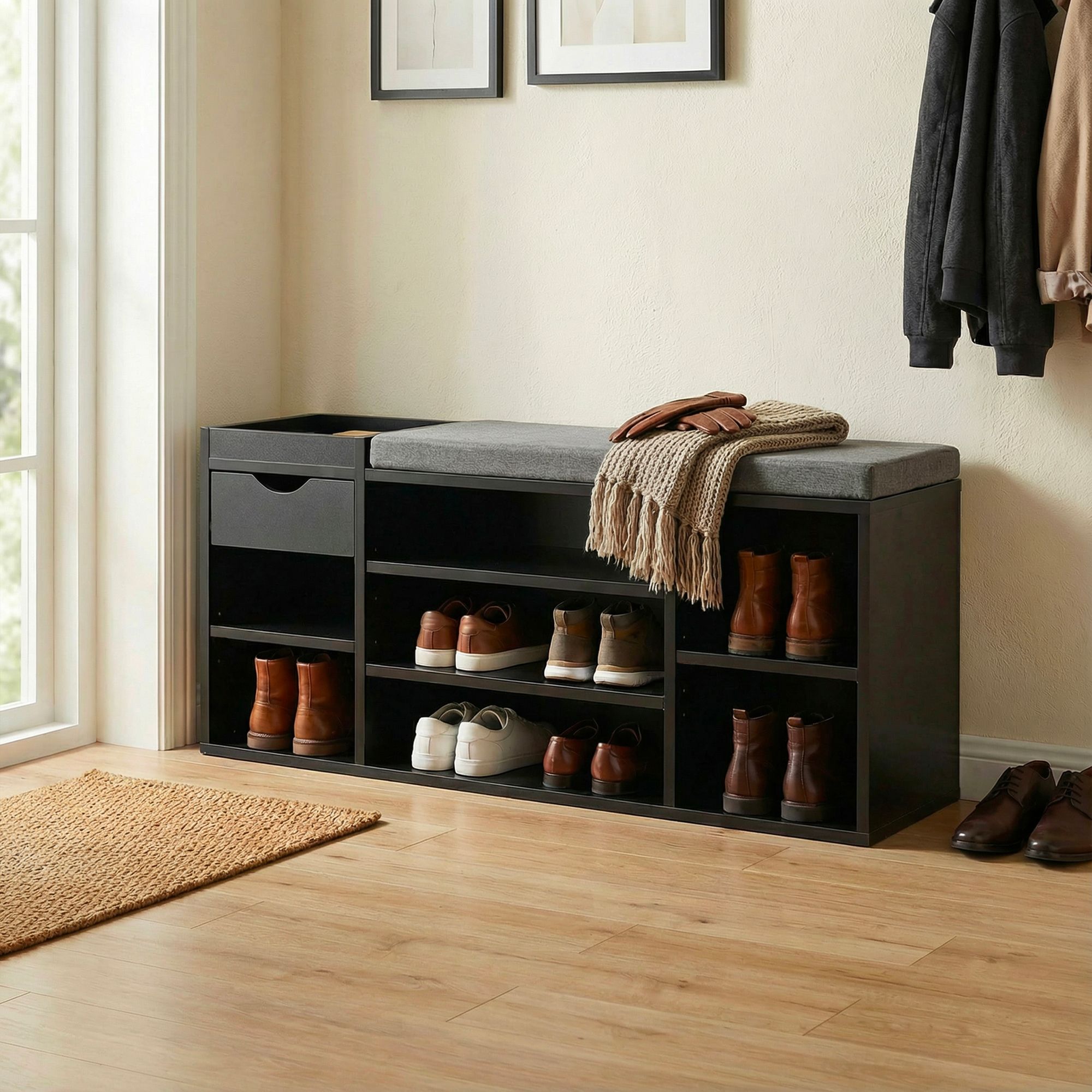 Schuhbank 100cm Sitzbank Flurbank Schuhregal Flurmöbel mit Schublade Modern – Ansicht 2