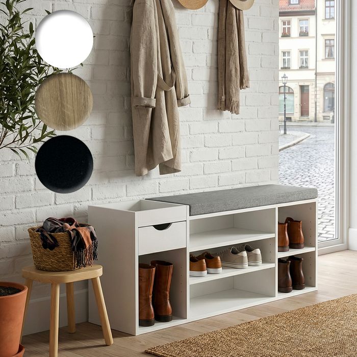 FineBuy Schuhbank Flur 100cm mit Sitzkissen – Sitzbank mit Schublade und verstellbaren Regalböden – Flurmöbel Schuhregal modern für den Eingangsbereich – Flurbank mit Stauraum