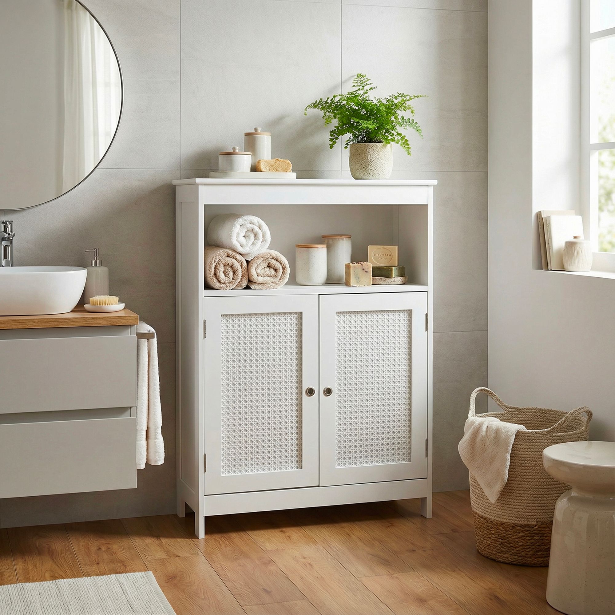 Badschrank Weiß Badezimmerschrank Türen & Ablage Badezimmerregal Regal für Bad – Ansicht 4