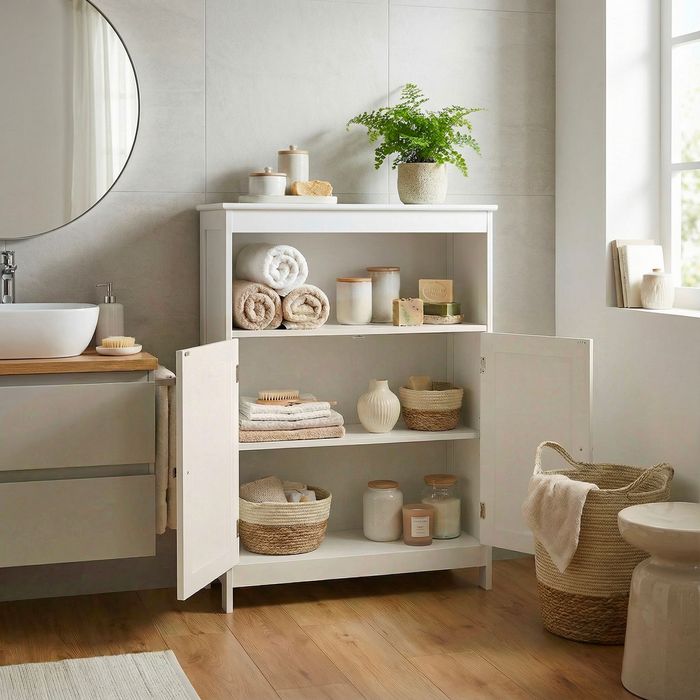 FineBuy Badschrank 80 x 60 x 28 cm Weiß - Schmaler Badezimmerschrank Türen & Ablage - Aufbewahrungsschrank Wiener Geflecht - Badezimmer Badregal Bad Badezimmerregal