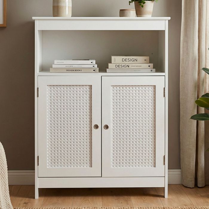FineBuy Standregal Weiß 80cm – Stauraumregal 2 Schranktüren im Rattan Design & Ablage  – schmales Wohnregal Flur & Wohnzimmer – Kleiner Schrank – Kommode Wiener Geflecht Beistellschrank