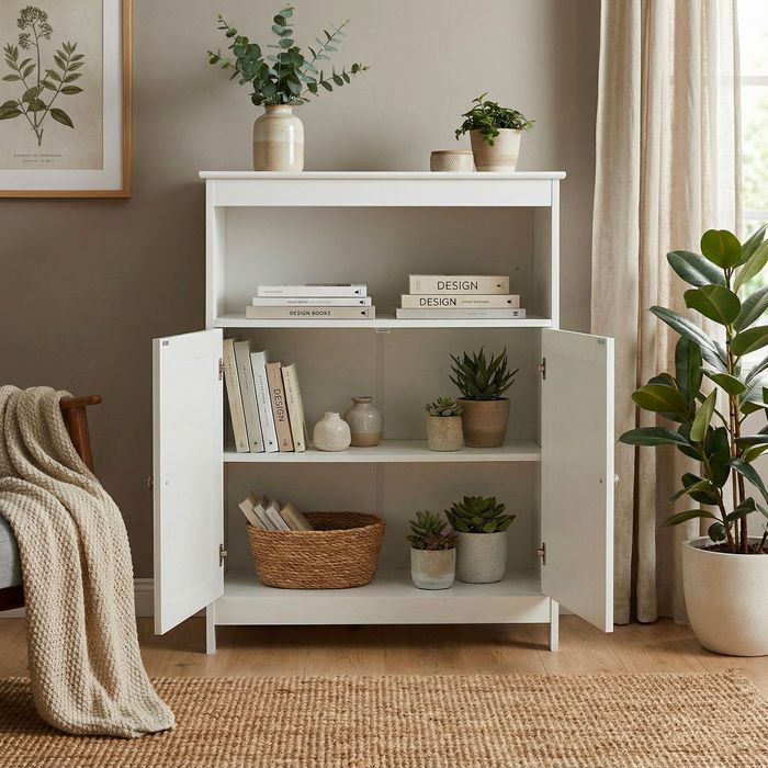 FineBuy Standregal Weiß 80cm – Stauraumregal 2 Schranktüren im Rattan Design & Ablage – schmales Wohnregal Flur & Wohnzimmer – Kleiner Schrank – Kommode Wiener Geflecht Beistellschrank