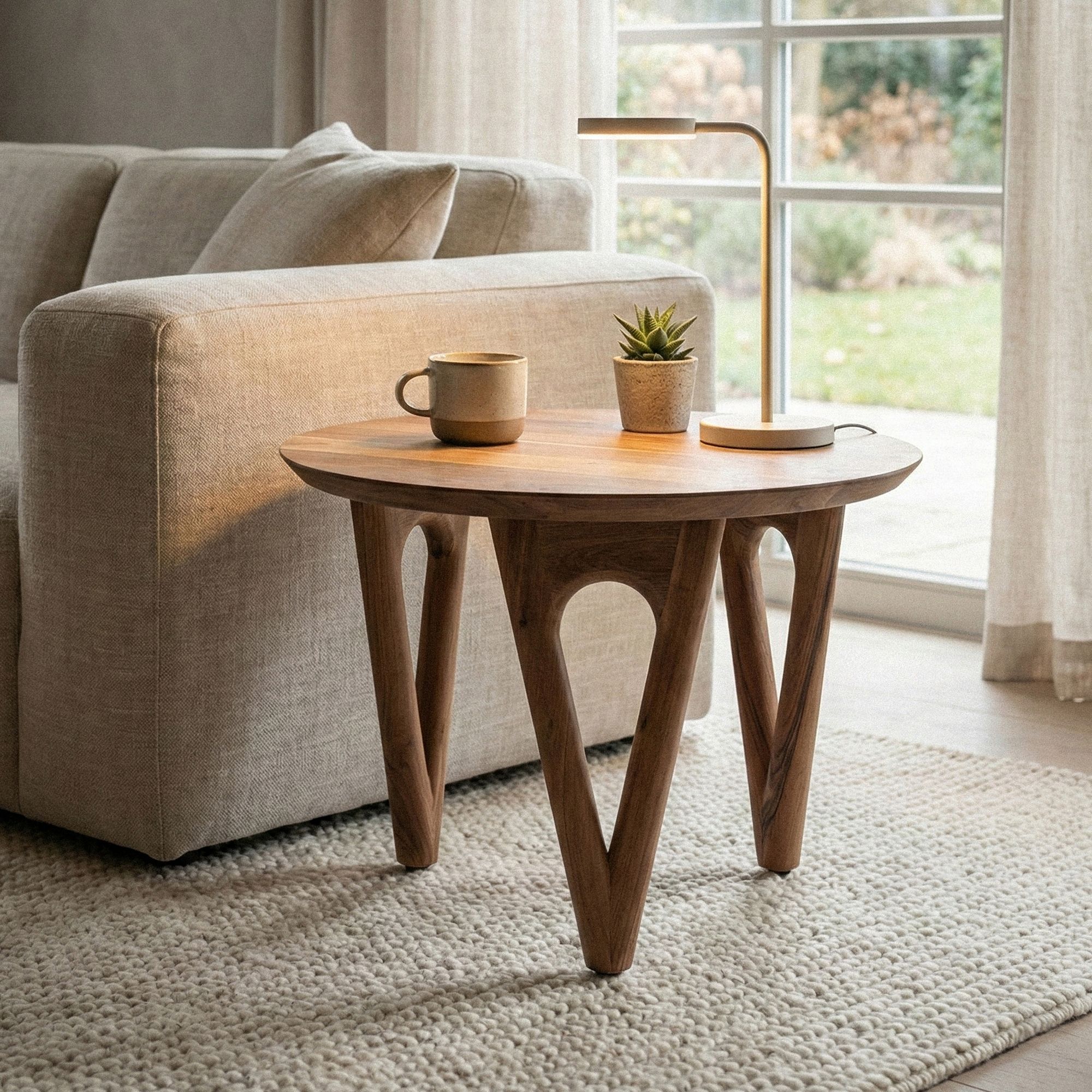 Couchtisch 60cm Akazie Massivholz Sofatisch Wohnzimmertisch Beistelltisch Rund – Ansicht 1