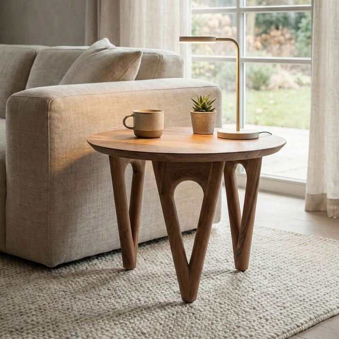 FineBuy Couchtisch Rund 60 cm Wohnzimmertisch Akazie Massivholz - Sofatisch Holz - Loungetisch Modern - Massiver Design Tisch - Beistelltisch Landhaus Handmade