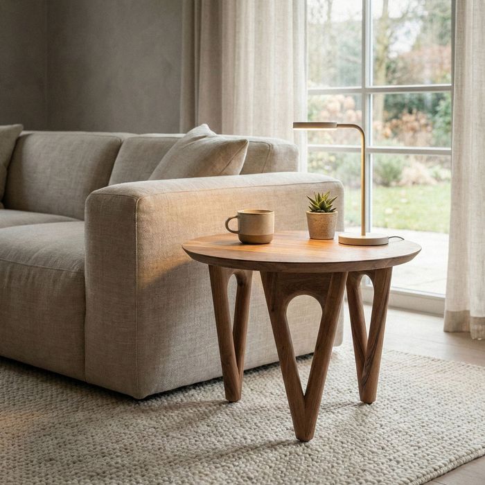 FineBuy Couchtisch Rund 60 cm Wohnzimmertisch Akazie Massivholz - Sofatisch Holz - Loungetisch Modern - Massiver Design Tisch - Beistelltisch Landhaus Handmade
