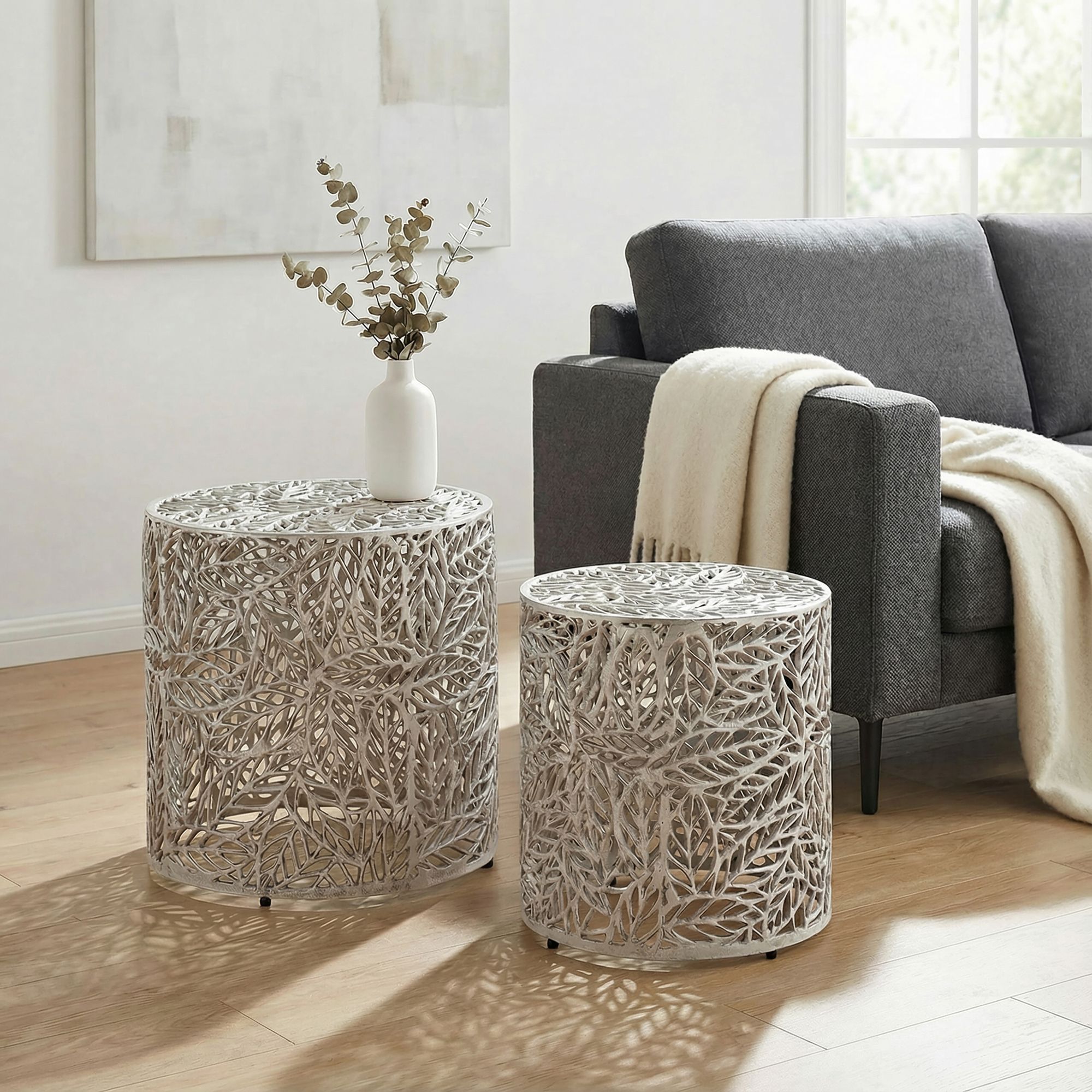 Satztisch 2er Set Metall silber Beistelltisch Dekotisch Couchtisch Aluminium Alu – Ansicht 2