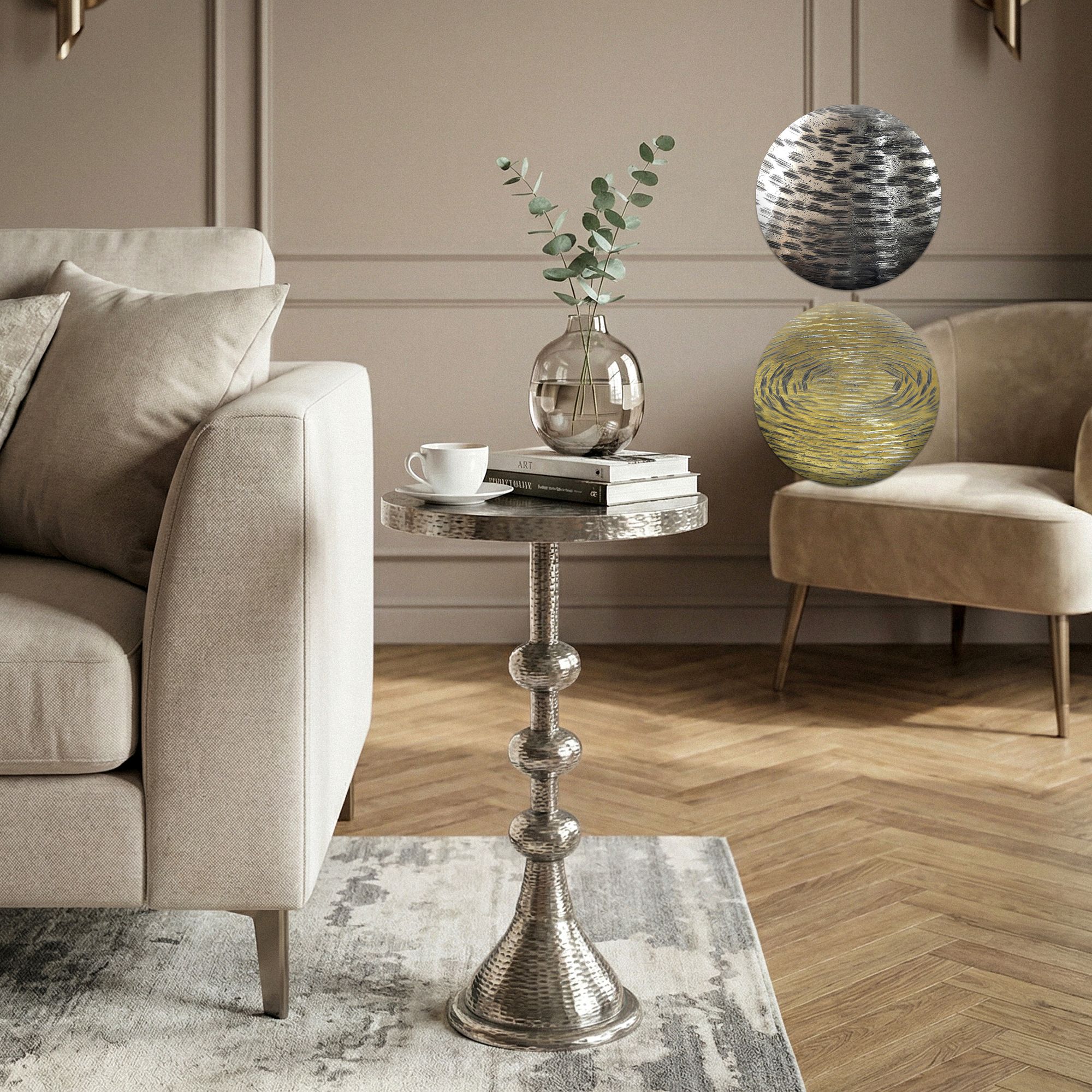 FineBuy Beistelltisch Aluminium 30cm Runder Anstelltisch Metall - Dekotisch Alu orientalisch - Wohnzimmertisch klein - Design Couchtisch Sofatisch Wohnzimmer Orient Handmade | Farbe: Gold